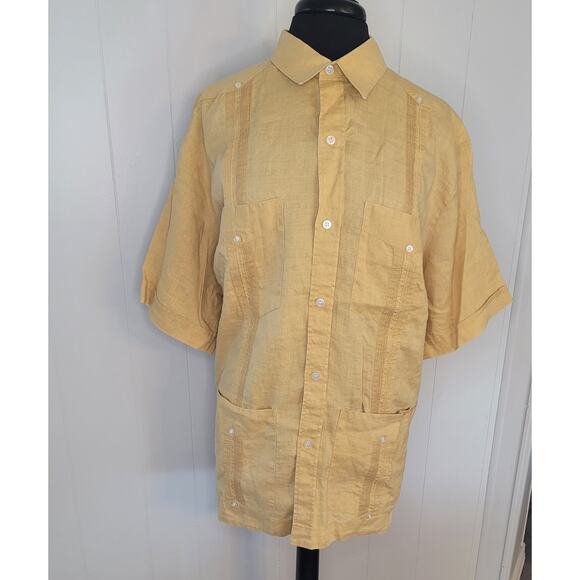 D'Accord Men's 2X Gold Cuban Guayabera Shirt 100% Linen Embroidered EUC - Picture 3 of 10